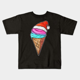 Ice Cream Cone With Ice Cream And Santas Hat For Christmas. Kids T-Shirt